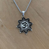 Sterling Silver Tibetan OM in Lotus Necklace, Silver Necklace, Flower Necklace, Boho Necklace