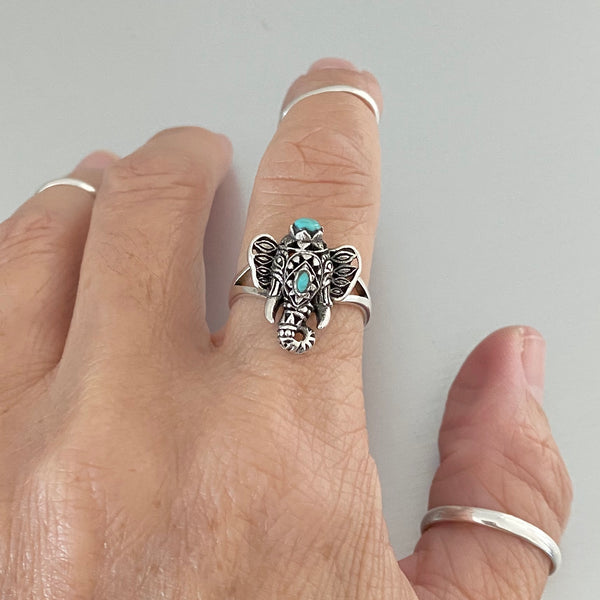 Sterling Silver Filigree Ganesha Elephant Ring, Turquoise Ring, Boho Ring, Silver Ring