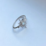 Sterling Silver Clear CZ and White Lab Opal Starburst Ring, Opal Ring, Boho Ring
