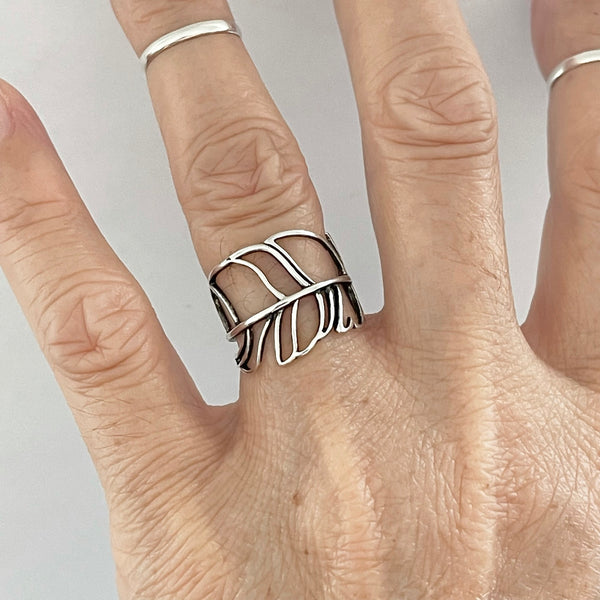 Sterling Silver Cut Out Wrapped Leaf Ring, Boho Ring, Silver Ring, Tree Ring