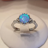 Sterling Silver Round Light Blue Lab Opal Ring with CZ, Wedding Ring, Silver Ring, Opal Ring