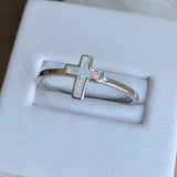 Sterling Silver Small White Lab Opal Cross Ring, Silver Ring, Religious Ring, Opal Ring