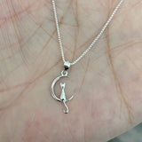 Sterling Silver Dainty Cat on Moon Necklace, Cat Necklace, Kitty Necklace, Animal Necklace