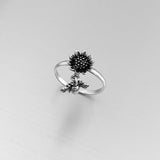 Sterling Silver Sunflower and Dangling Bumblebee Ring, Sunflower Ring, Silver Ring, Flower Ring