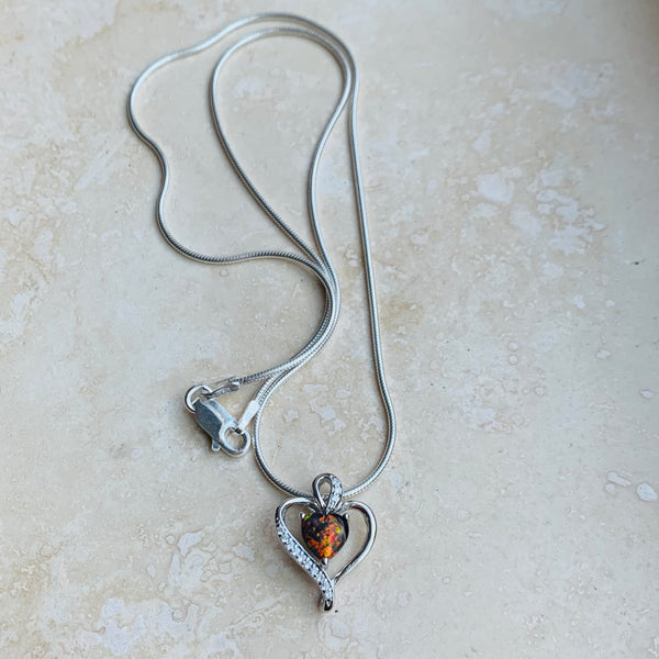Sterling Silver Black Lab Opal CZ Heart Necklace, Silver Necklace, Opal Necklace