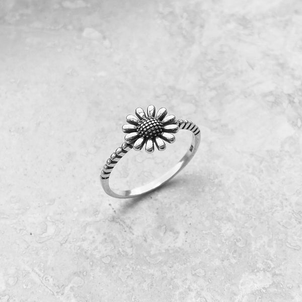 Dainty Daisy Ring, Short Stackable Sterling Silver Daisy Flower Ring