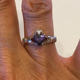 Sterling Silver Amethyst CZ Heart Claddagh Ring, Silver Ring, Boho Ring, Friendship Ring