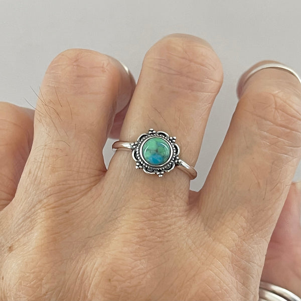 Sterling Silver Mandala Genuine Turquoise Ring, Silver Ring, Flower Ring, Boho Ring