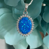 Sterling Silver Round Blue Lab Opal and Clear CZ Necklace, Silver Necklace