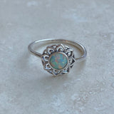 Sterling Silver White Lab Opal Mandala Ring, Flower Ring, Boho Ring, Silver Ring