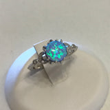 Sterling Silver Round Light Blue Lab Opal Ring with CZ, Wedding Ring, Silver Ring, Opal Ring