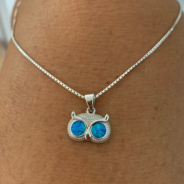 Sterling Silver Blue Lab Opal Owl Necklace, Bird Necklace, Silver Necklace, Opal Necklace