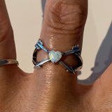 Sterling Silver White Lab Opal Heart and Arrows Ring, Silver Ring, Bow and Arrow Ring, Opal Ring