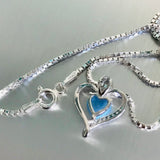 Sterling Silver Blue Lab Opal and Clear CZ Heart Necklace, Silver Necklace, Opal Necklace