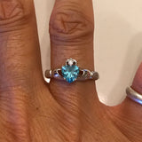 Sterling Silver Aquamarine CZ Heart Claddagh Ring, Silver Ring, Friendship Ring, Loyalty Ring