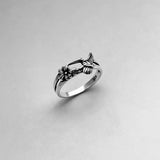 Sterling Silver Flower and Hummingbird Ring, Bird Ring, Spirit Animal Ring, Silver Ring, Boho Ring