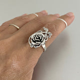 Sterling Silver Large Rose Ring with Branches and Leaves, Boho Ring, Statement Ring, Flower Ring