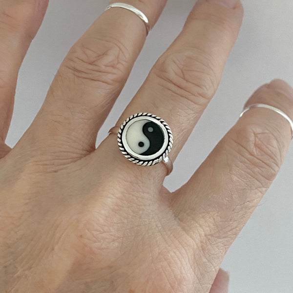 Sterling Silver Round Yin and Yang Ring with Braid, Yoga Ring, Boho Ring, Silver Ring