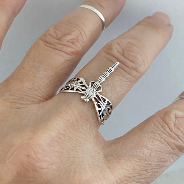 Sterling Silver Thin Dragonfly Ring, Silver Ring, Boho Ring, Spirit Ring
