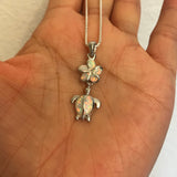 Sterling Silver White Lab Opal Turtle and Plumeria Necklace, Silver Necklace, Flower Necklace, Hawaii Necklace