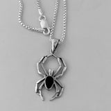 Sterling Silver Unisex Black Onyx Spider Round Box Chain Necklace