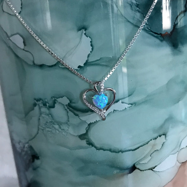 Sterling Silver Blue Lab Opal and Clear CZ Heart Necklace, Silver Necklace, Opal Necklace