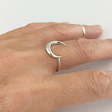 Sterling Silver Crescent Moon Ring with Rope Band, Silver Ring, Boho Ring, Moon Ring