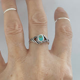 Sterling Silver Round Turquoise Ring with Leaves, Boho Ring, Silver Ring, Stone Ring