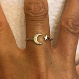 Sterling Silver Dainty Moon and Star White Lab Opal Ring, Silver Ring, Moon Ring, Opal Ring