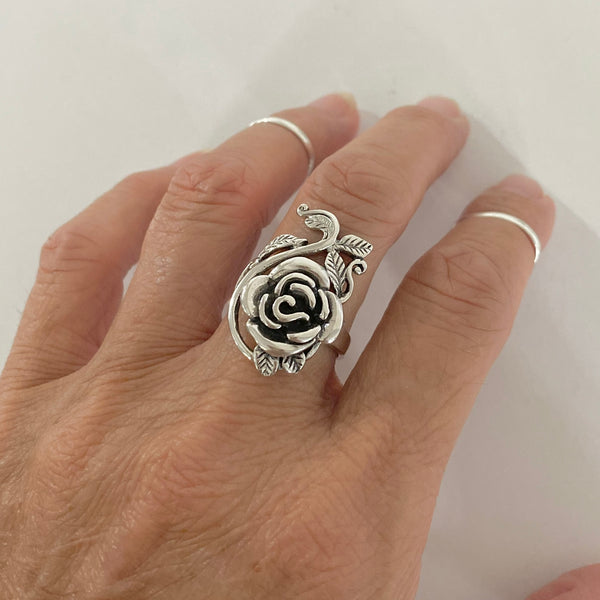 Hoops & Loops Sterling Silver Floral Ring - Oxidized Rose Branch Design, Tarnish Resistant, Comfort Fit For Women