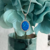 Sterling Silver Round Blue Lab Opal and Clear CZ Necklace, Silver Necklace