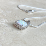 Sterling Silver Square White Lab Opal and Clear CZ Necklace, Silver Necklace, Opal Necklace