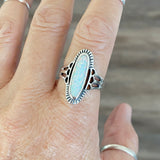 Sterling Silver Etched Oval White Lab Opal Ring, Silver Ring, Statement Ring, Opal Ring