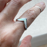 Sterling Silver White Lab Opal V Shape Ring, Silver Ring, Opal Ring