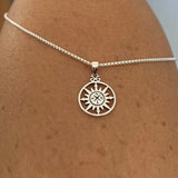 Sterling Silver Sun and Compass Necklace, Silver Necklace, Sun Necklace, Map Necklace