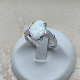 Sterling Silver Large Oval White Lab Opal with CZ Ring, Opal Ring, Silver Rings