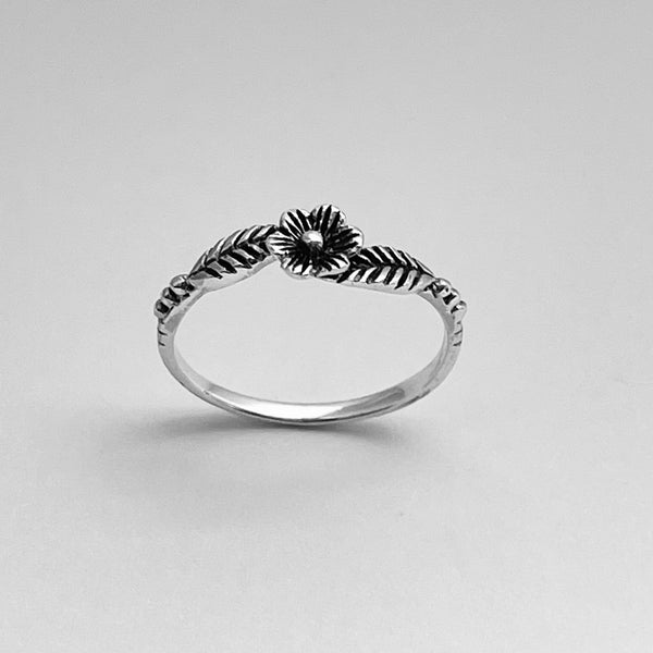 Sterling Silver Dainty Flower Ring with Leaves, Boho Ring, Silver Ring, Leaf Ring