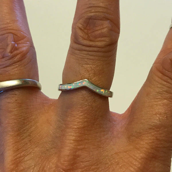 Sterling Silver White Lab Opal Chevron Ring, V Shape Ring
