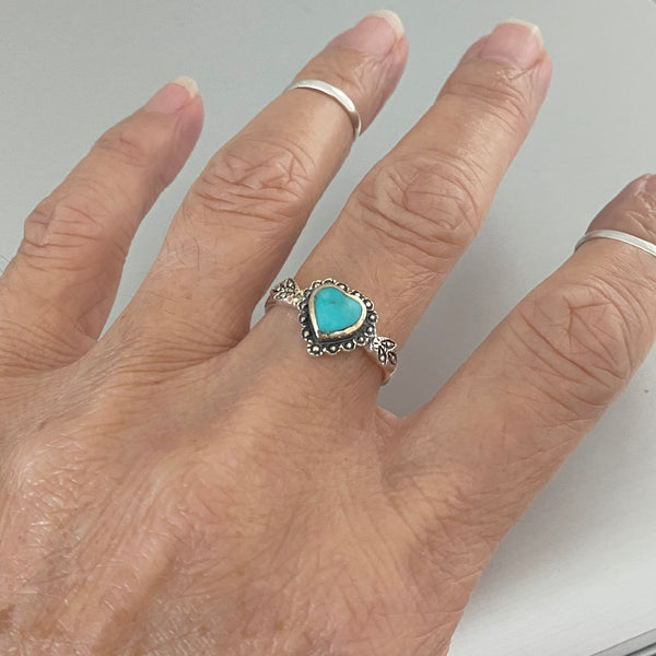 Sterling Silver Stabilized Turquoise Heart Ring, Heart Ring, Silver Rings, Boho Ring