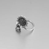 Sterling Silver Dainty Bumblebee And Sunflower Ring, Flower Ring, Silver Rings, Bee Ring