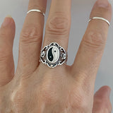 Sterling Silver Large Yin and Yang Ring with Flower, Yoga Ring, Boho Ring, Silver Ring