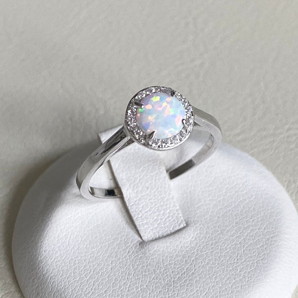 Sterling Silver Solitaire White Lab Opal with CZ Ring, Opal Ring, Silver Ring, Wedding Ring