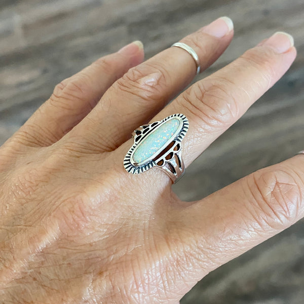 Lab-Grown Blue Opal & White Sapphire Sterling Silver Split Shank Ring - 3 Stone Promise Ring