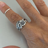 Sterling Silver Sunflower Ring, Flower Ring, Silver Ring, Leaf Ring, Statement Ring