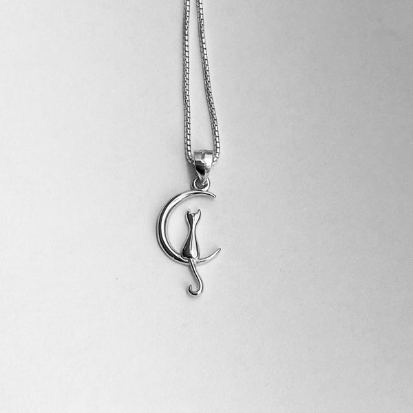 Sterling Silver Dainty Cat on Moon Necklace, Cat Necklace, Kitty Necklace, Animal Necklace