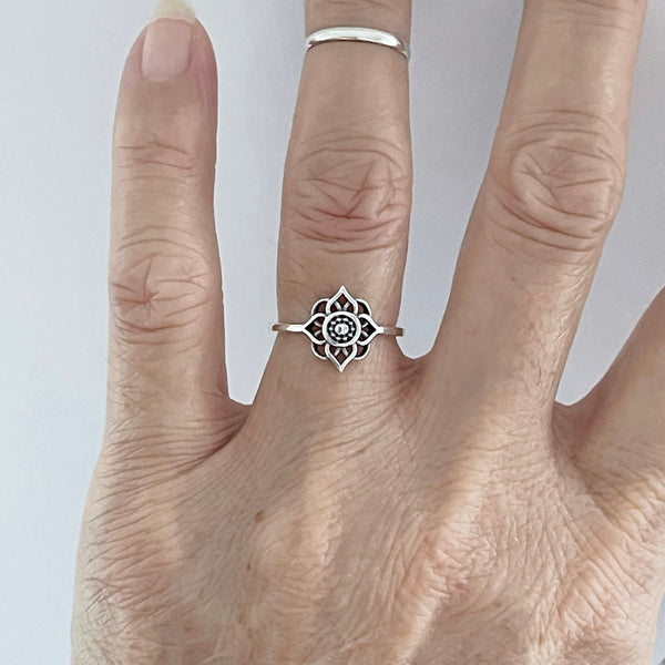 Sterling Silver Mandala Ring, Silver Rings, Lotus Flower, Yoga