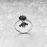 Sterling Silver Sunflower and Dangling Bumblebee Ring, Sunflower Ring, Silver Ring, Flower Ring