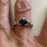 Sterling Silver Blue Sapphire CZ Heart Claddagh Ring, Silver Ring, Friendship Ring, CZ Ring