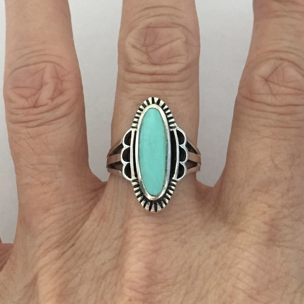 Sterling Silver Etched Oval Turquoise Ring, Silver Rings, Stone Ring