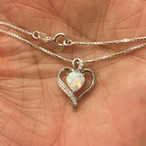 Sterling Silver White Lab Opal and Clear CZ Heart Necklace, Silver Necklace, Opal Necklace